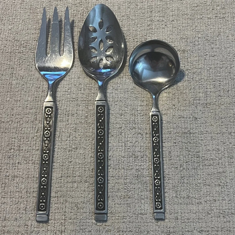 Vintage Gorham Hacienda Stainless Serving Set Fork Pierced Spoon Gravy Ladle